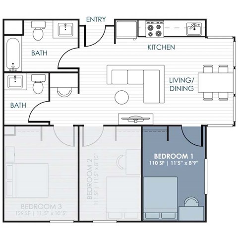 Floor plan for 1 bed, 1.5 baths, 936 sqft